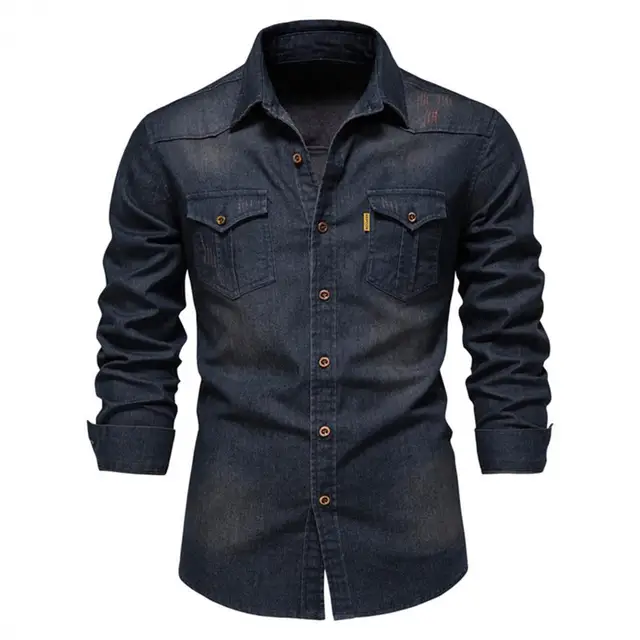 Męska koszula dżinsowa z klapką i kołnierzykiem Koszula z długim rękawem Wysokiej jakości kowbojskie koszule Męskie Casual Slim Fit Męska designerska odzież