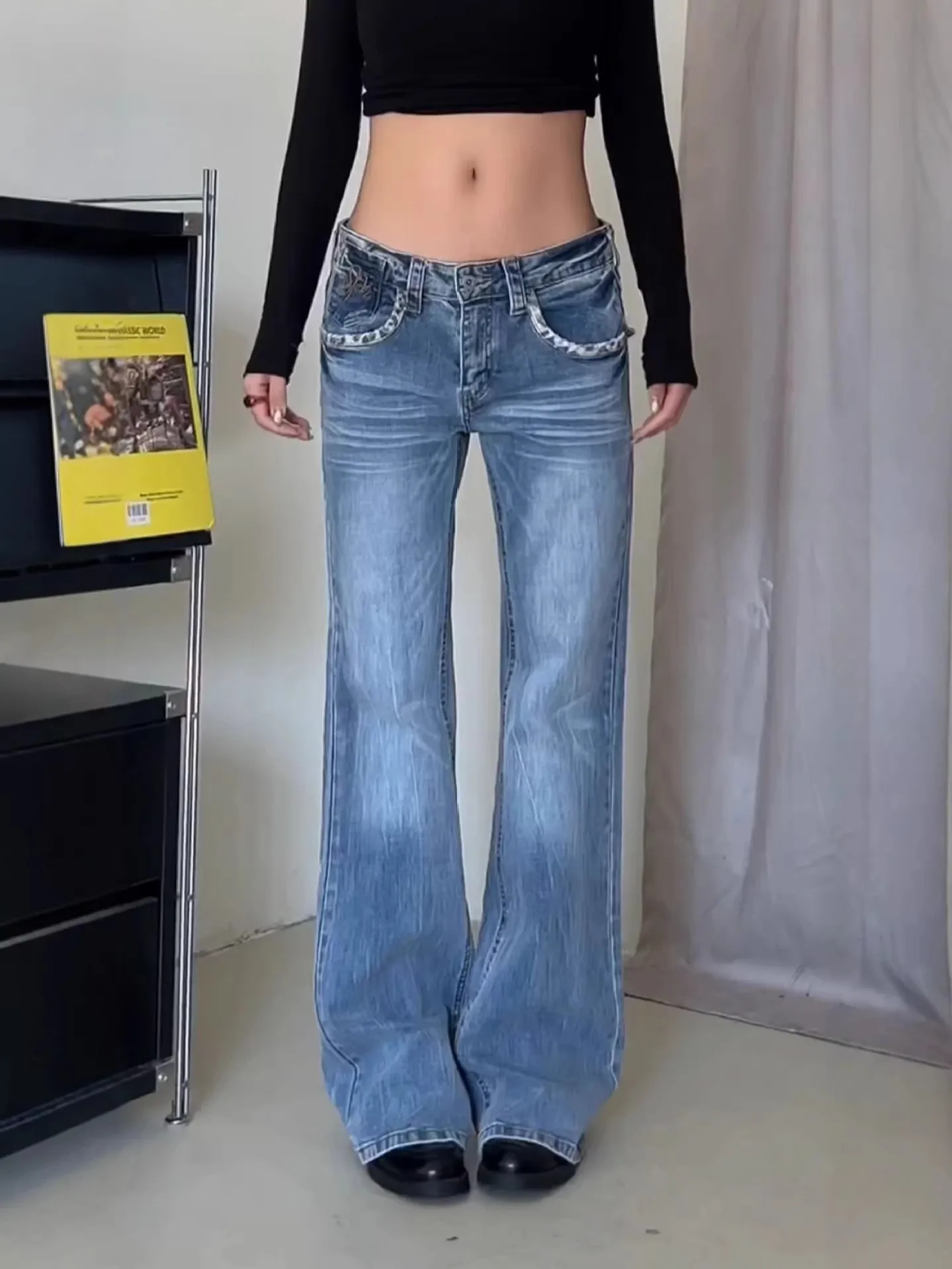 

plus Size American Low Waist Leopard Print Patchwork Denim Jeans Women Sexy Design Versatile Straight Leg Slimming Micro Flar...