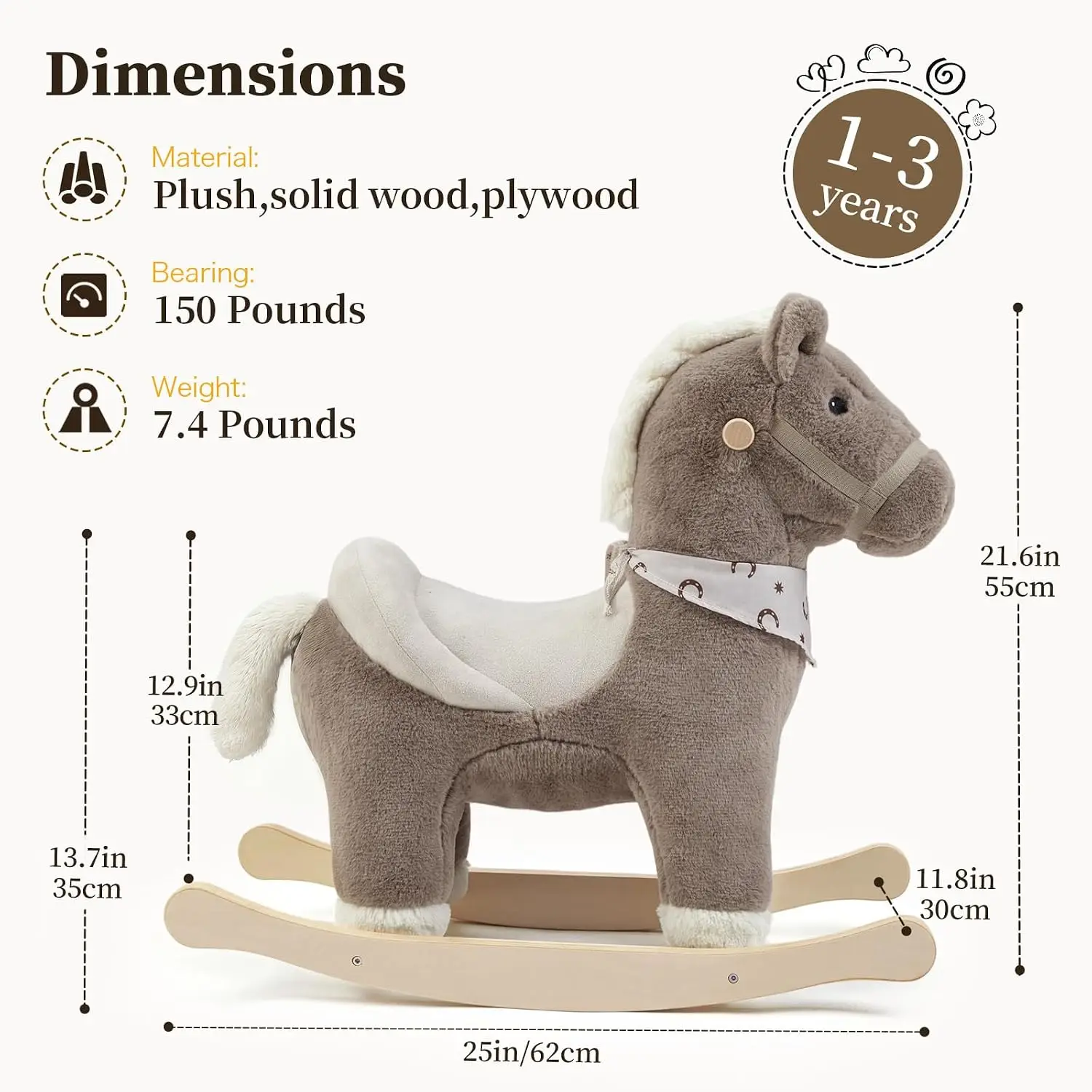 Wooden Toddler Rocking Horse for Ages 1-3, Plush Ride-On Horse Toy with Realistic Sound, Brown Rocker with Soft Stuffed Filling, 1 Year Old Birthday Party Baby Shower Gift