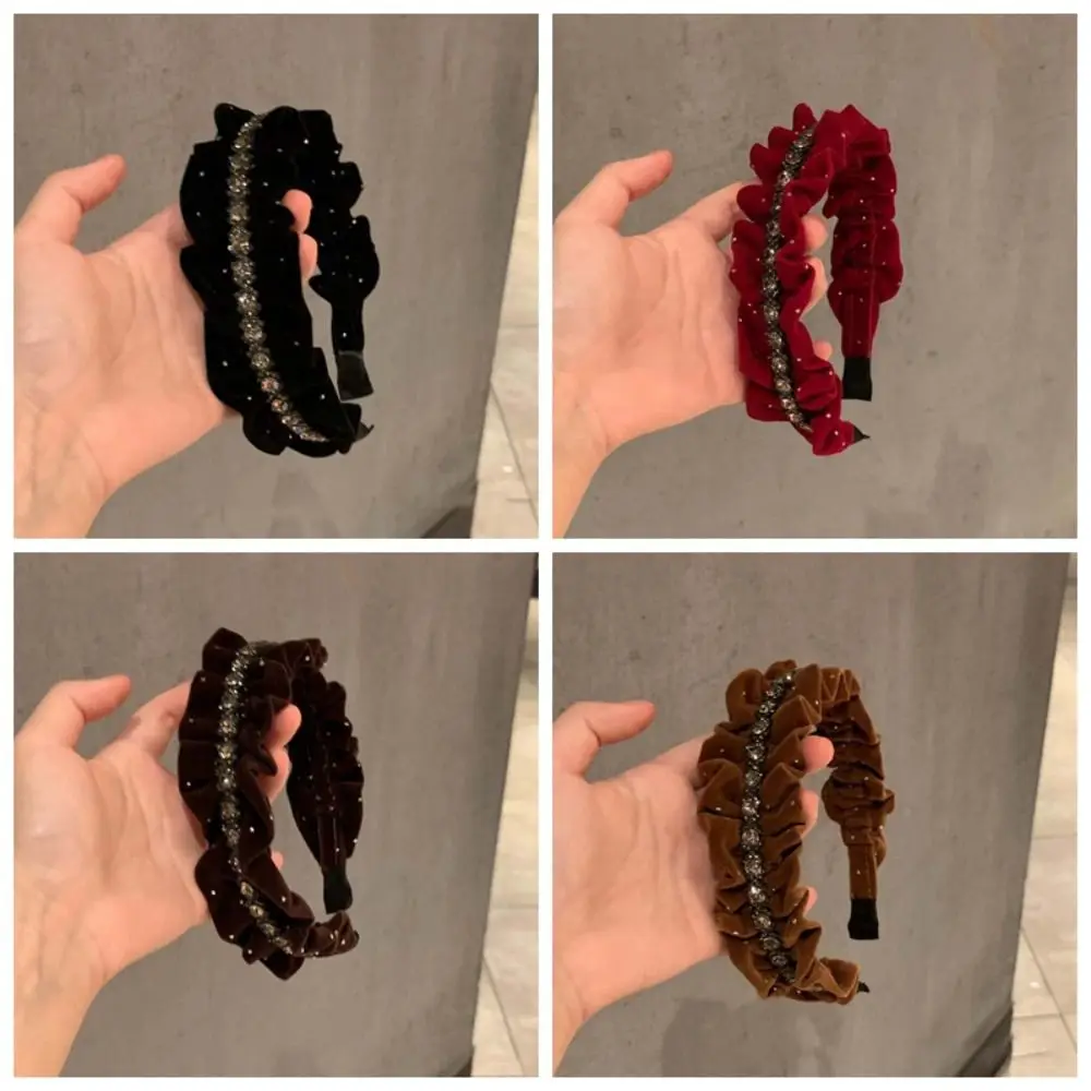 Элегантный бархатный плиссированный обруч для волос во французском стиле, головной убор, блестящая повязка на голову со стразами, полиэстер, красная женская повязка для волос с блестками, повседневная