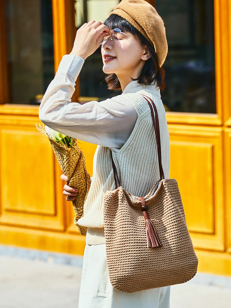 Tas Ember Katun dan Linen Jepang Seni Rajutan Tangan Tas Wanita Liburan Hutan Segar Kecil Tas Bahu Anyaman