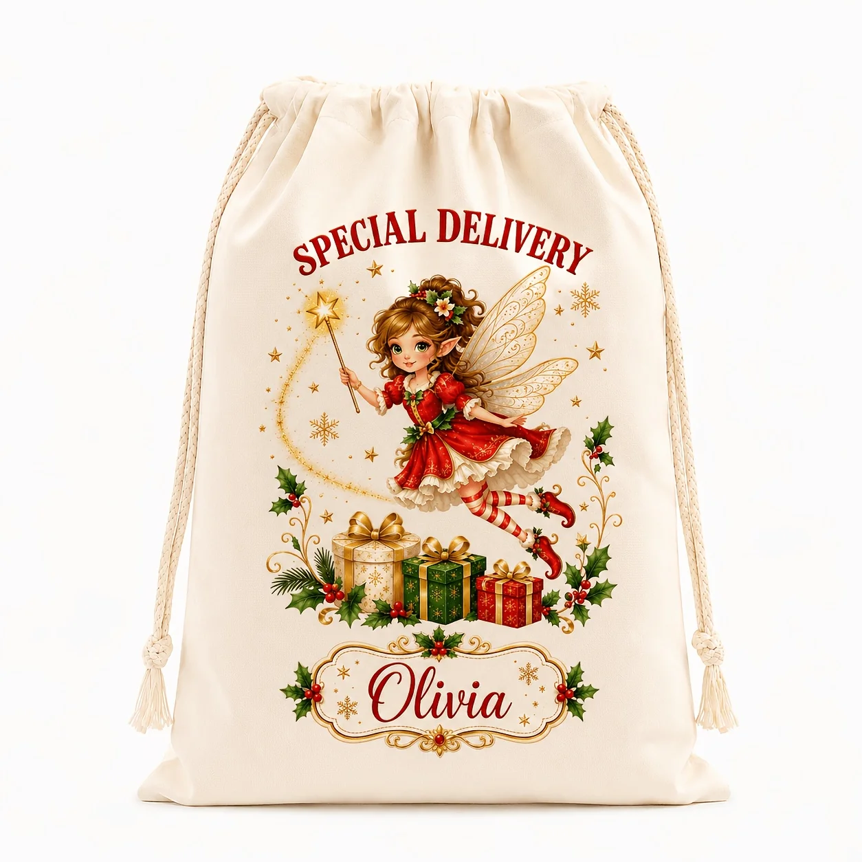Personalized Christmas Drawstring Gift Bag Custom Name Fairy Special Delivery Xmas Sack Holiday Present Storage Party Favor