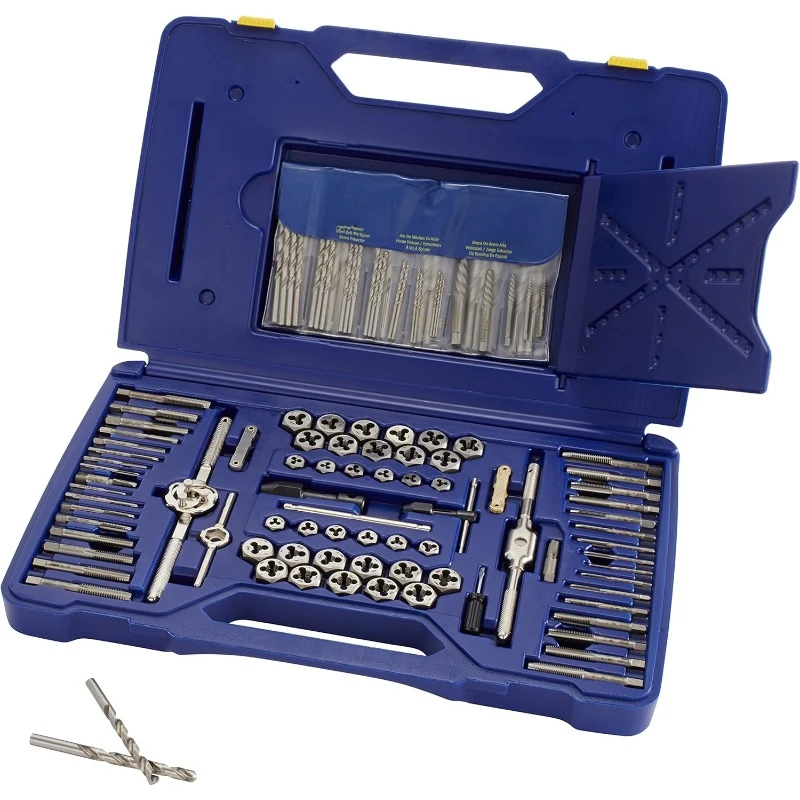 Narzędzia Hanson Machine Screw/Fractional/Metric Tap and Hex Die and Drill Bit Deluxe Set, 117-częściowy 26377, srebrny/niebieski, dom.