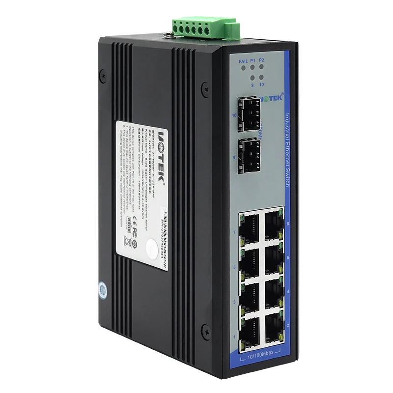 UOTEK 10 Ports 100/1000M Gigabit SFP Unmanaged Ethernet Din-rail Switch with IP40 Protection UT-60208F-8T-2GP-MNF