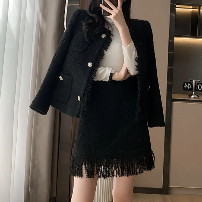 

Tweed Fashion Women Autumn Winter Small Fragrance Long Sleeve Coat + Short Skirt Casual Simple Tassel Tweed Two-piece Set 1538