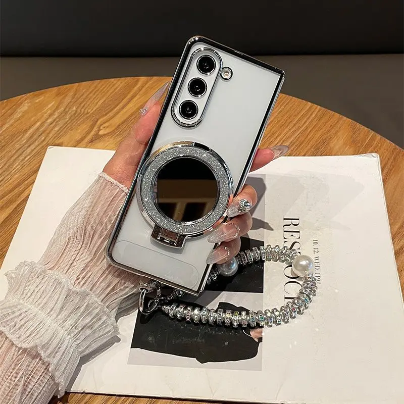 Phone Case for Samsung Galaxy Z Fold 7 6 5 4 3 Fold7 Fold6 5G Glitter Hand Strap Protection Mirror Holder Cover Funda