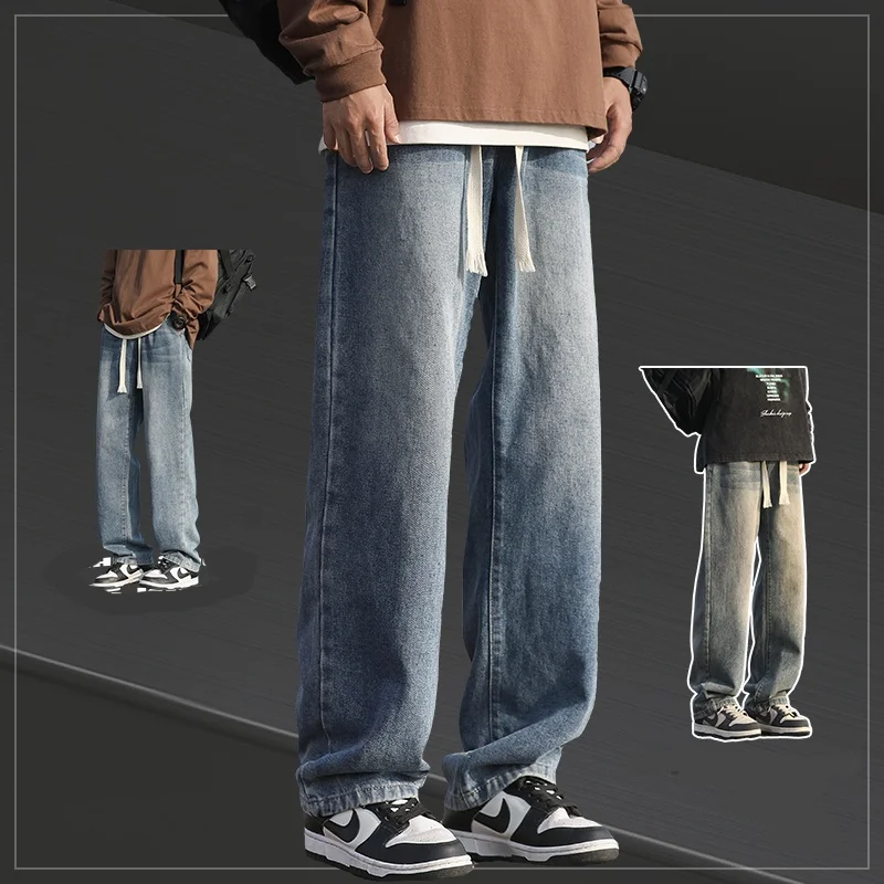 

2025 New Men's Lightweight Washed Casual Jeans Loose Straight Leg Pants Elastic Waist Comfortable Denim for Summer