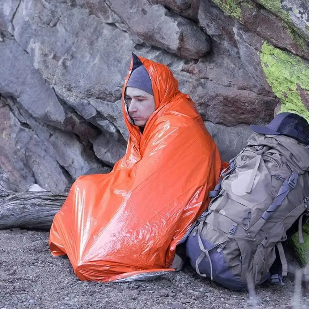 1Pcs Hiking Travel Tent Rainwear Emergency Raincoat Hooded Sleeve Waterproof Camping Rain Poncho 3 In 1 Heat Reflective