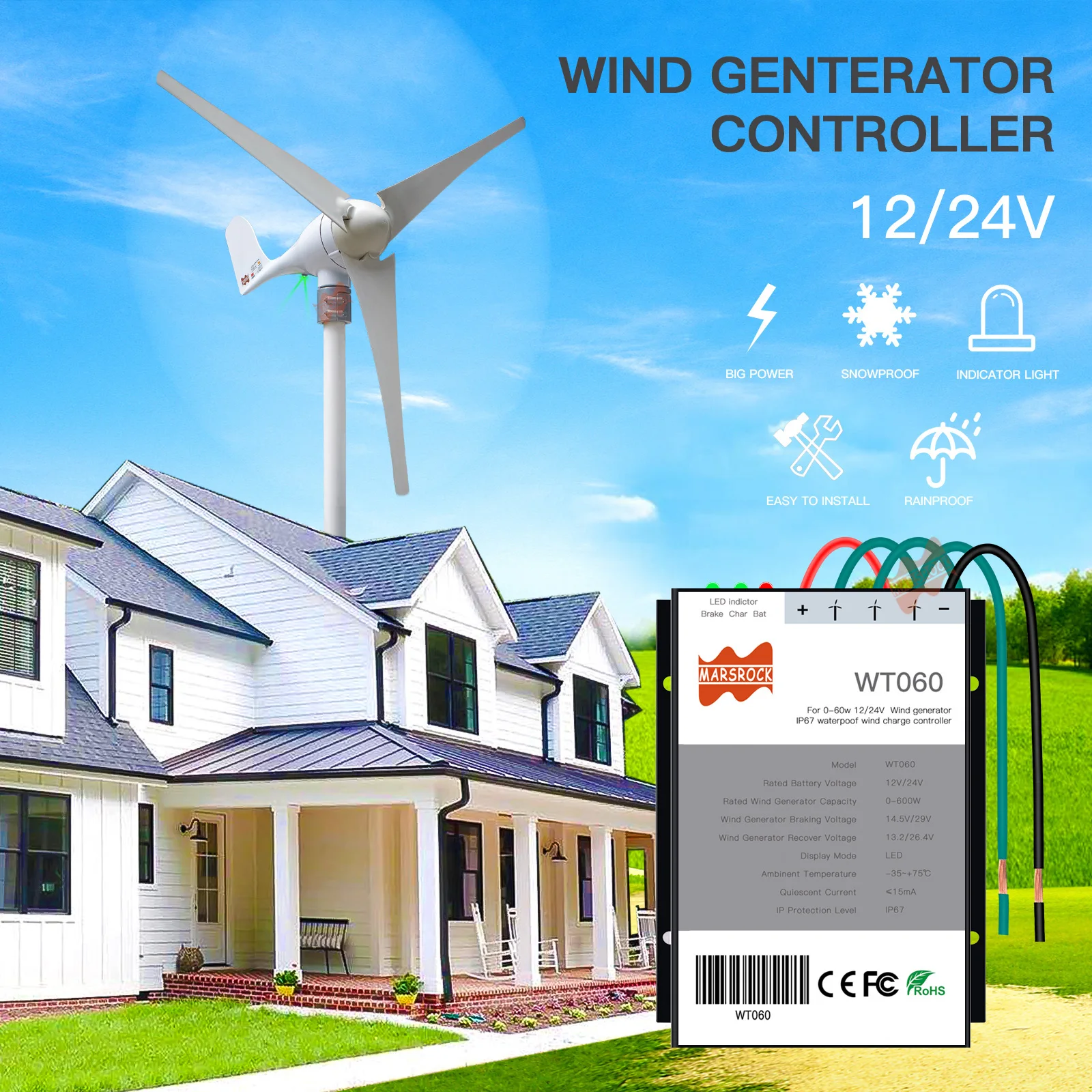 600W Wind PWM Controller 12 24V Auto DC Wind Power Charger For Wind Turbine Generator Regulator Windmill Water Proof IP67 System