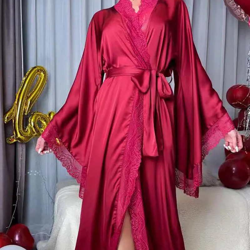 Ultra Long Kimono Bathrobe Gown Women Satin Nightgown Wide Sleeve Robe Silky Nightdress V-Neck Lounge Autumn New Sleepwear