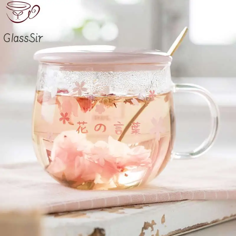 

400ml Sakura Glass Coffee Mug With Spoon&Ceramic Lid Heat Resistant Tea Cup Set Transparent Breakfast Milk Juice Drinking Glass