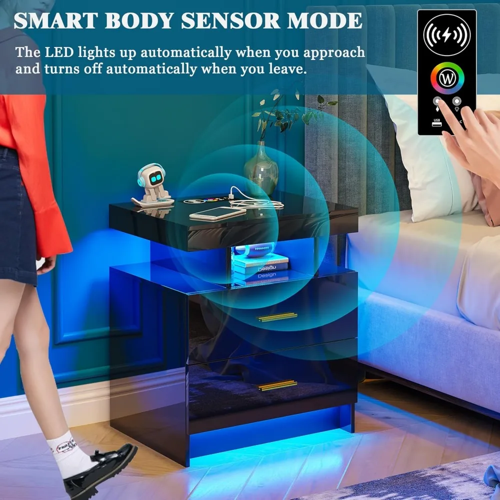 مجموعة منضدة شحن لاسلكي مع منافذ USB/Type-C وإضاءة RGB LED، وطاولات بجانب السرير حديثة لديكور المنزل الأنيق