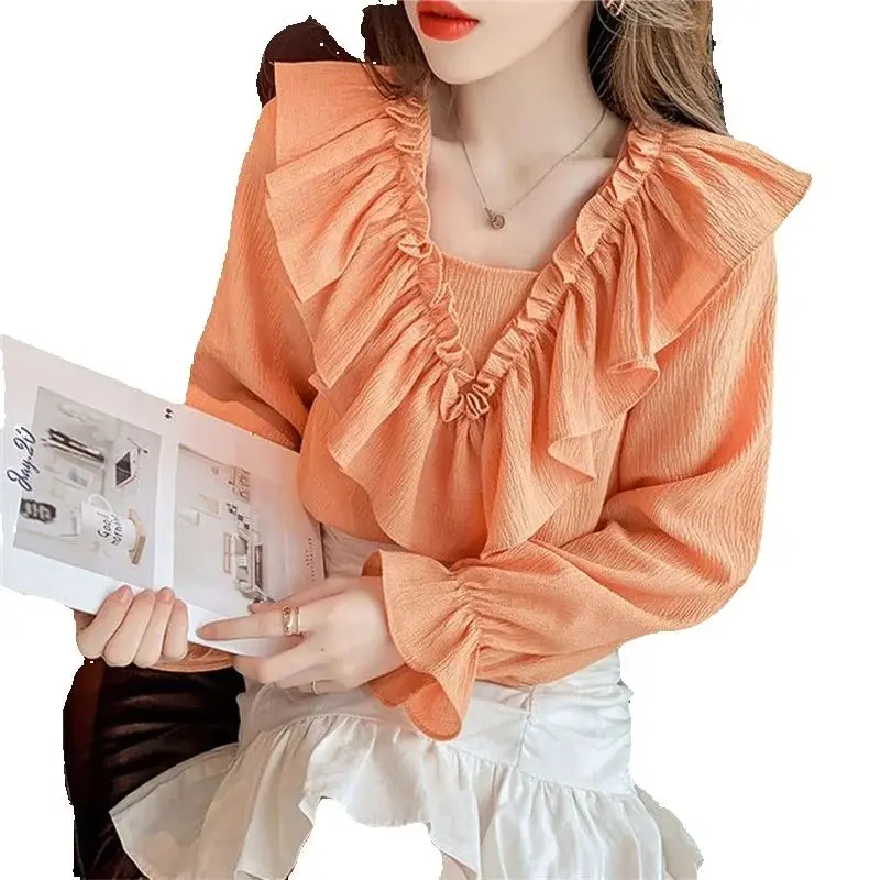 Camisa de gasa con volantes Design Sense, blusa para mujer, novedad de primavera, verano y otoño, Top de manga abombada de estilo coreano hermoso, 2025