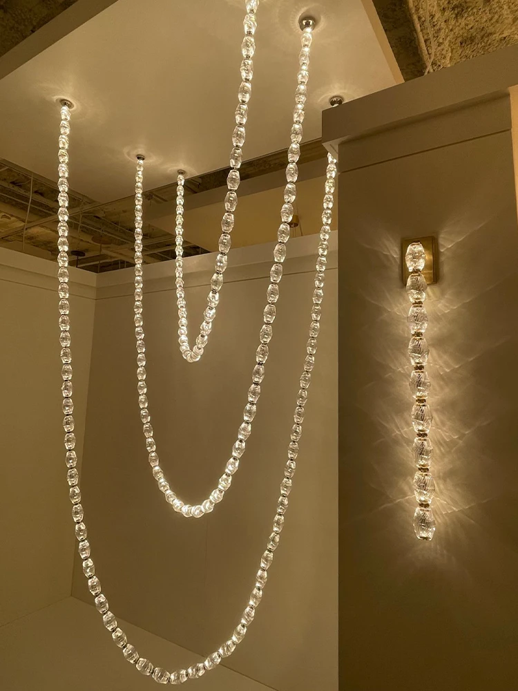 2026 Trendy Gold Chrome Black Diamond Drop Necklace Dimmable LED Pendant Light Hanging Lamps Lustre For Living Room Staircase