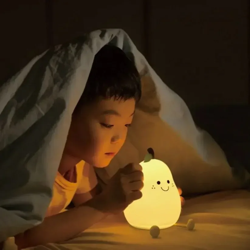 New LED Pear Fruit Silicone Night Light 7 Colors Dimming Touch USB Rechargeable Cartoon Bedside Lamp Bedroom Decor Cute Kid Gift