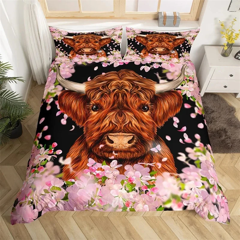 

Highland Cow Bedding Set Polyester Bull Cattle Flowers Quilt Cover Western Wild Animal Duvet Cover Farmhouse Cow Bedspread Cover