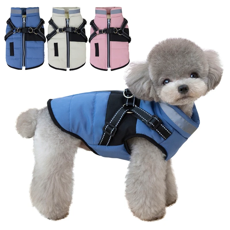 Winter Dog Clothes Warm Jacket Fleece Lined with Zipper Harness Dual Leash Ring Reflective for Night Walking Small Dogs Coat