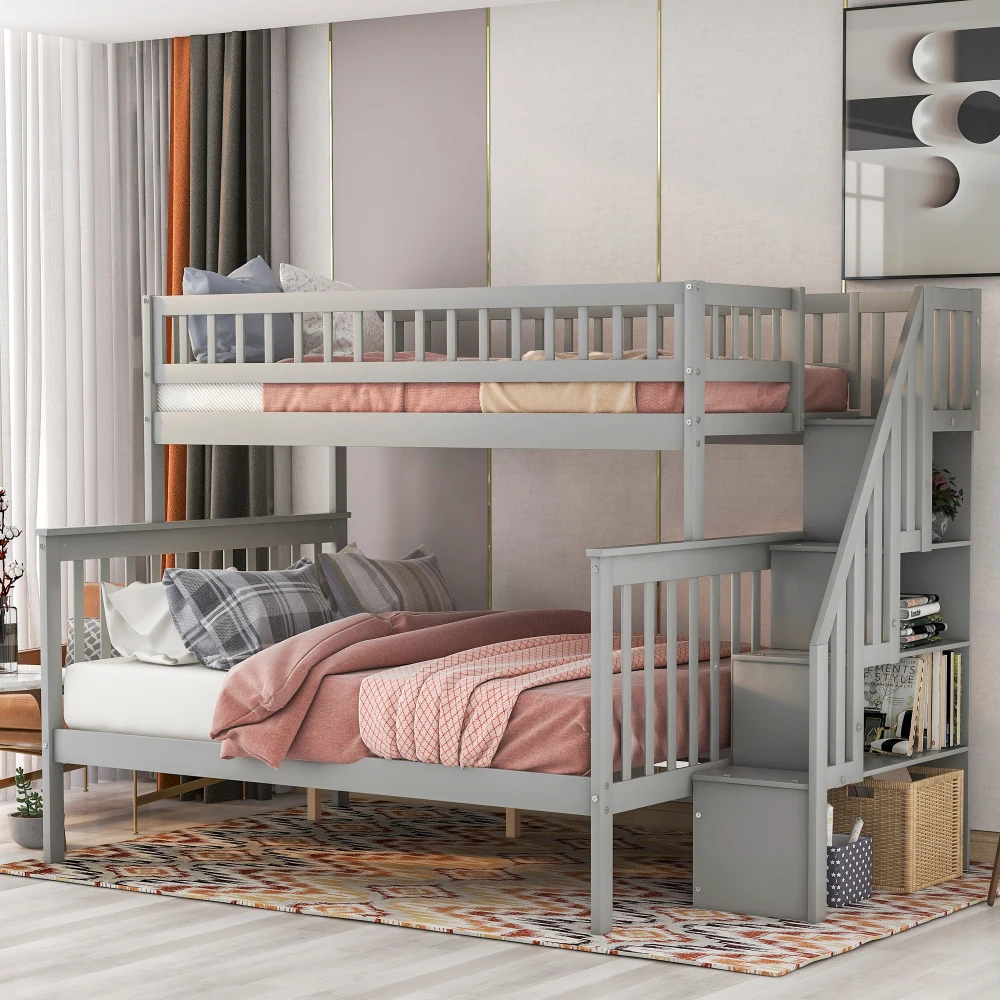 

Twin over Full Stairway Bunk Bed with Storage, Gray
