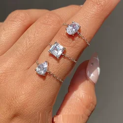 5A Clear Cubic Zirconia CZ Chain Ring Adjusted Size Geometric Round Tear Drop Square Simple Women Finger Jewelry