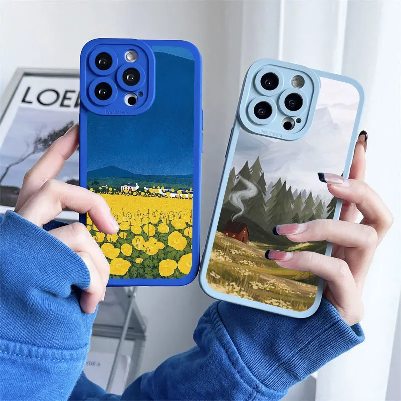 Retro Rural Scenery Painted Phone Case For iphone 7 8 Plus X XS XR 14 12 13 11 Pro Max Large Flower Fields Log Cabin Soft Covers