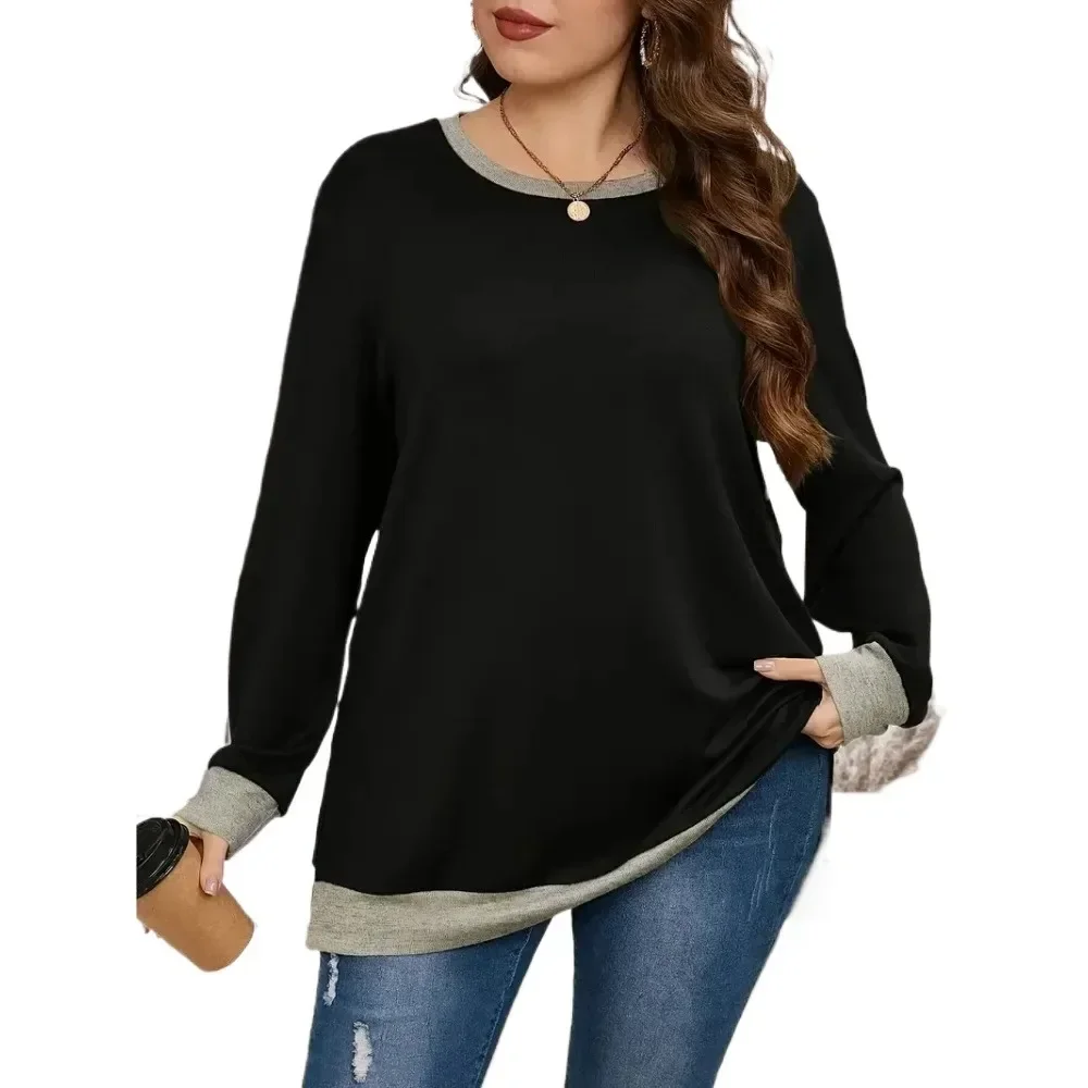 Jesień/zima Plus rozmiar damski XL-5XL Casual Color Blocking T-shirt z długimi rękawami sweter modna bluza z okrągłym dekoltem Top