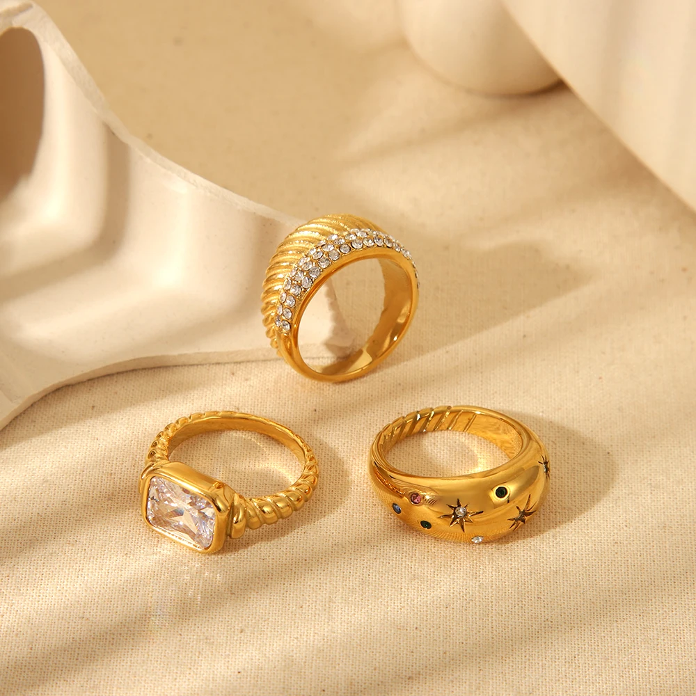 PVD 18K Gold Plated Stainless Steel Rings Chubby Star Cubic Zirconia Statement Finger Ring Bijoux Femme New Waterproof Jewelry
