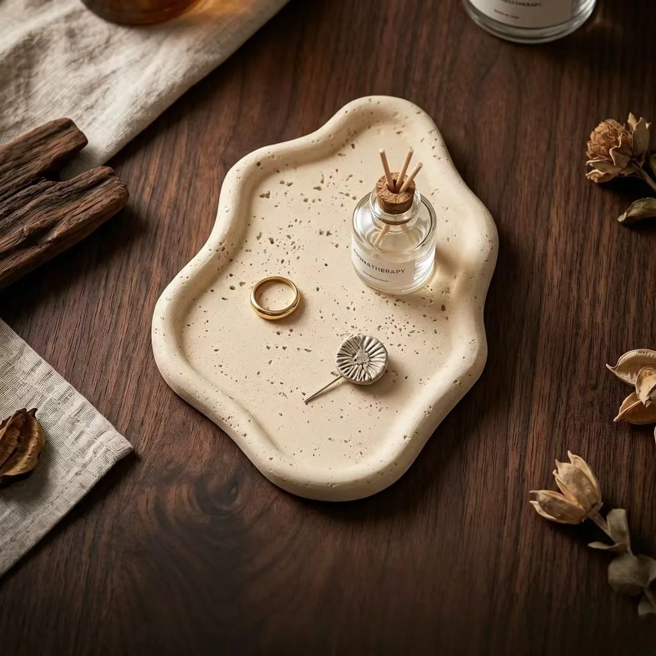 Wabi sabi Travertine Storage Tray Decorative Ornament for Hotel Living Room Bedroom Cosmetic Jewelry Entryway Table Organizer