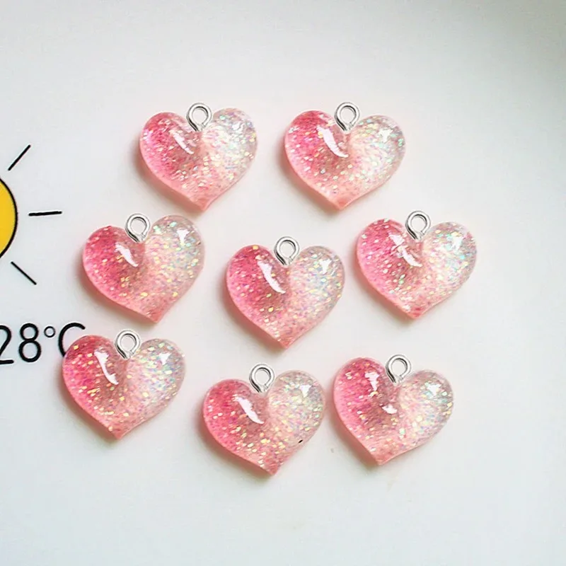 10Pcs Trendy Resin Charms Gradient Glitter Love Heart Pendants DIY Handcraft Supplies With Charm Hooks for Bracelets Keychain