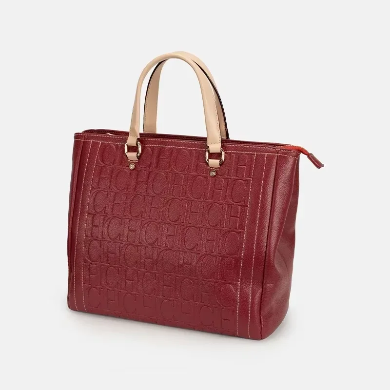 

Women Lightweight Embossed Letter Print Tote Bag Contrast Handle Zipper Closure Business Vacation Shopping Commute
