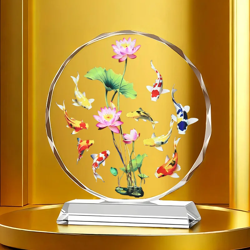 Nine fish lotus picture crystal painting ornament light luxury high-end entrance creative decoration handicrafts Jucaitu opening
