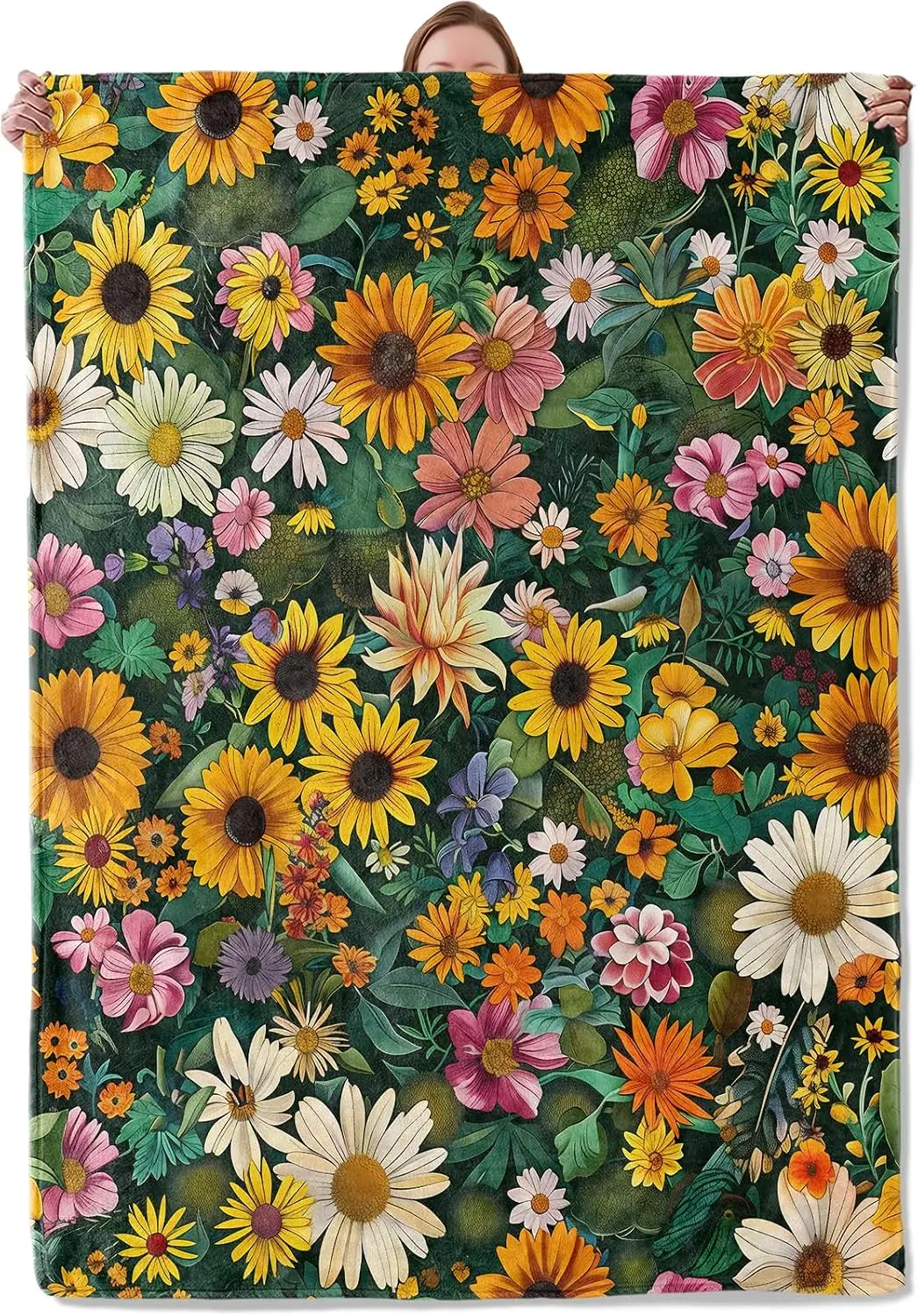 Vintage Sunflower Daisy Flannel Blanket Dark Background Mixed Wild Blooms Print Cozy Throw Blanket for Couch Bed Home Decor