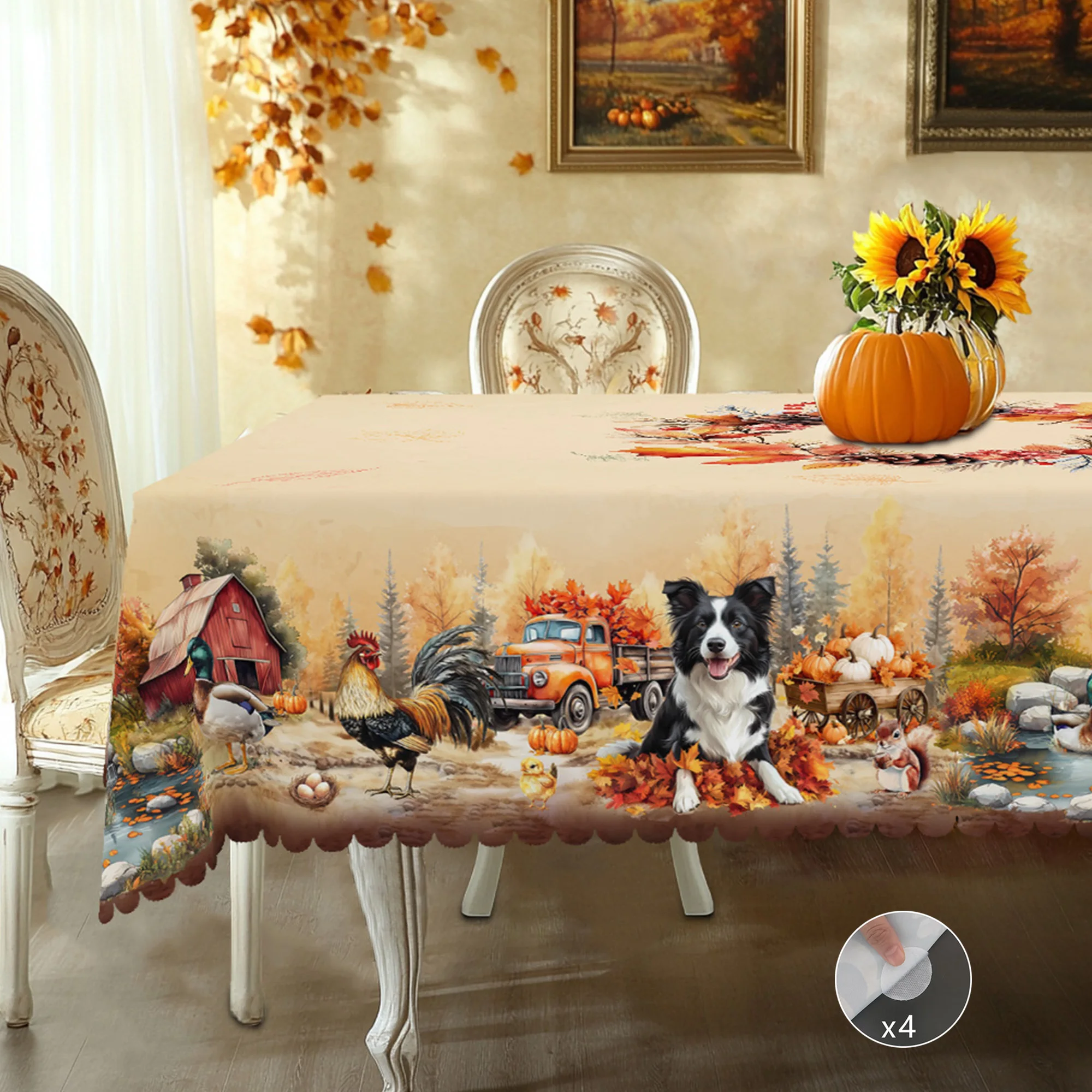1 Piece of Autum Thanksgiving Themed Printed Tablecloth, Retro Country Style, Farmhouse Scenery, Puppy and Other Animal Pattern Designs for Holidays, Camping Picnic, Garden Birthday Party Decoration, Kitchen Accessories, Restaurant Terrace, Indoor and Outdoor Tablecloth, Perfect Gift for Friends, Round and Rectangular Tablecloth + 4Pcs Self-Adhesive, Multiple Sizes Available