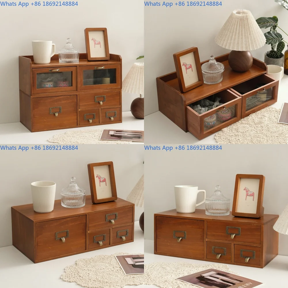 

Vintage Solid Wood Desktop Storage Cabinet with Transparent Window Drawer Dustproof Cosmetic Organizer