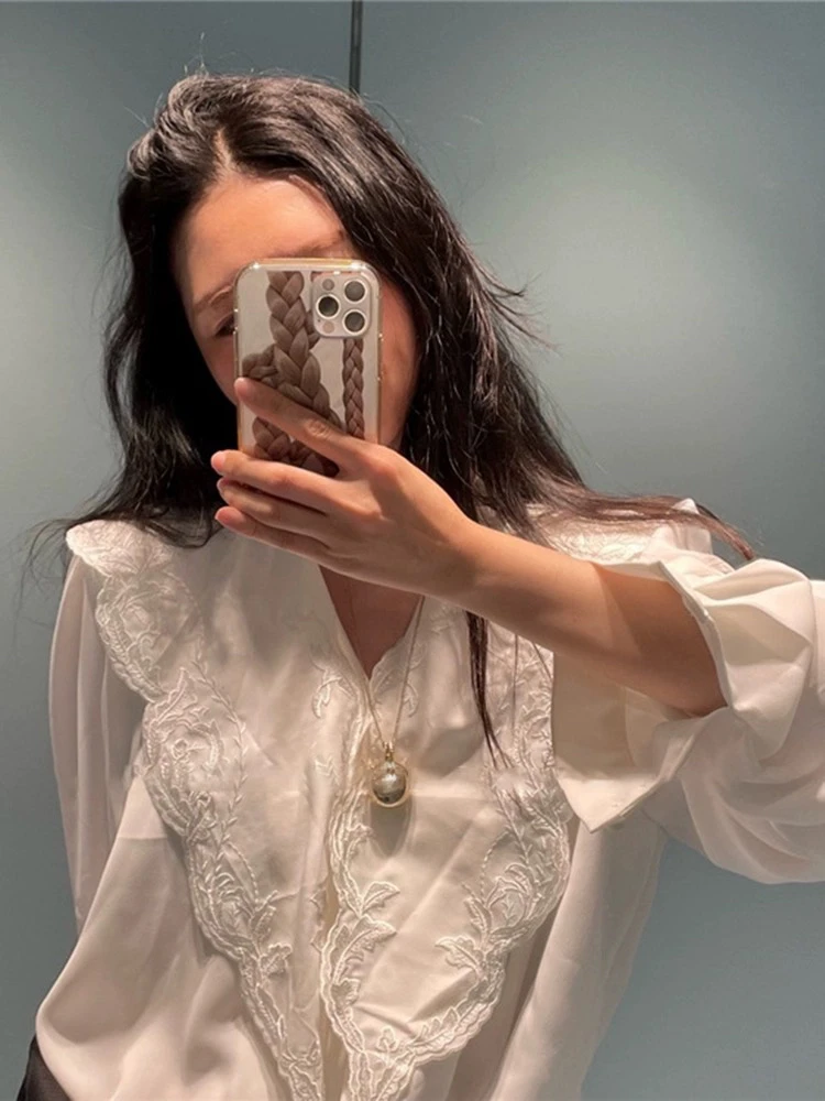 

Новая женская блузка Candy Miss Spring Summer с 3D-цветами, V-образным вырезом, на одной пуговице, с длинным рукавом, свободного кроя, для офиса