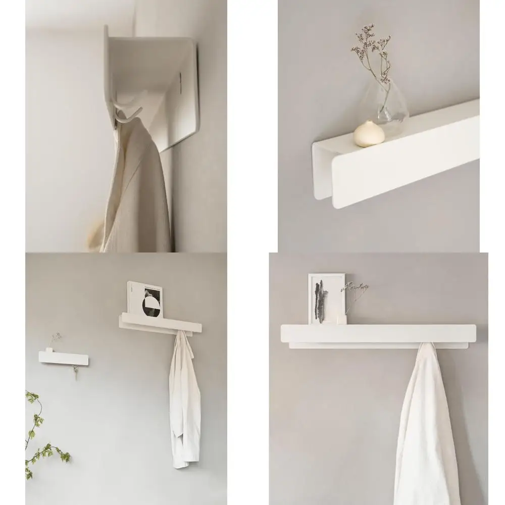 

Современная металлическая настенная вешалка для одежды со скрытыми крючками и полкой | Прочная система хранения для прихожей | Белый