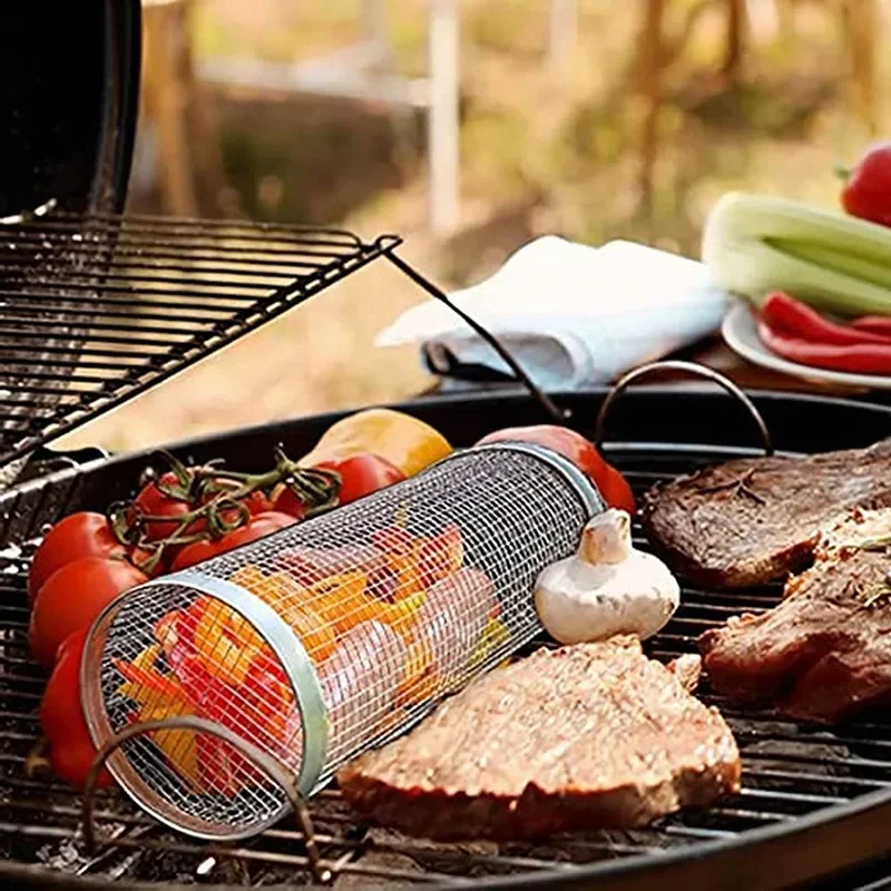 Parrilla de barbacoa al aire libre, cesta cilíndrica de acero inoxidable, Red de desplazamiento portátil, redonda, utensilios de cocina, barra de Camping