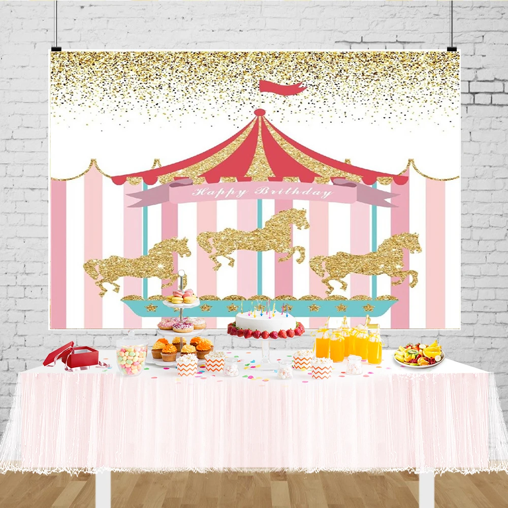 Carousel Theme Party Backdrop Happy Birthday Girls Boys Vintage Circus Decorations Pink Blue Carousel Horse Background Banner