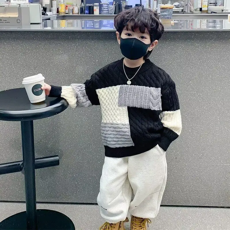 

Клетчатый свитер для мальчиков на осень/зиму, новинка 2025 года, вязаный комплект с круглым вырезом для маленьких мальчиков, утепленный комплект термобелья