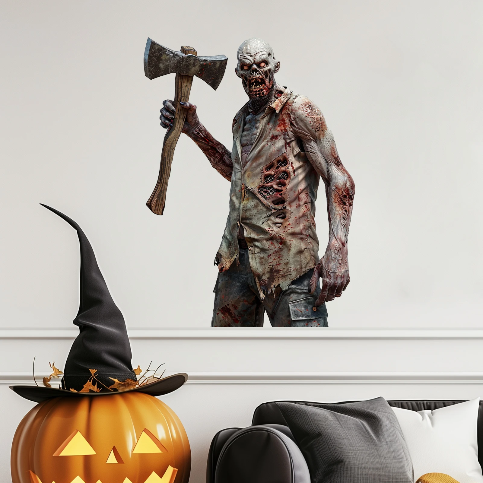 Bloody Zombie With Axe Wall Sticker Removable Vinyl Decal Halloween Decoration for Haunted House Bar Party Wall Background Decor
