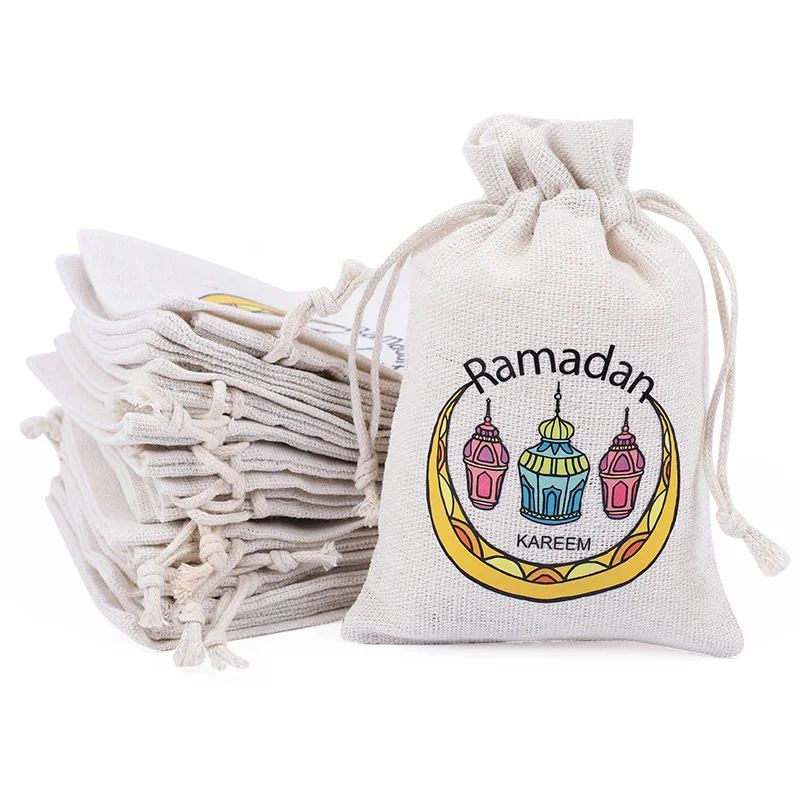 10Pcs Ramadan Kareem Linen Gift Bag 2026 Islamic Muslim Party Home Decoration Supplies Eid Mubarak Candy Snack Packaging Pouches