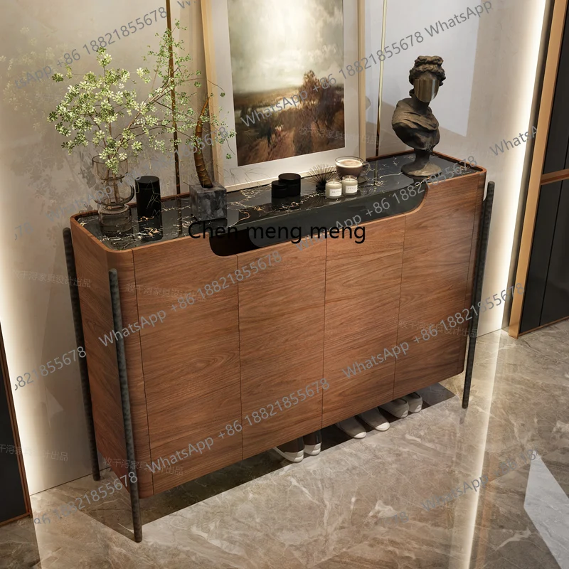 

French retro solid wood entrance shoe cabinet integrated villa living room marble locker medium antique decorative cabinet