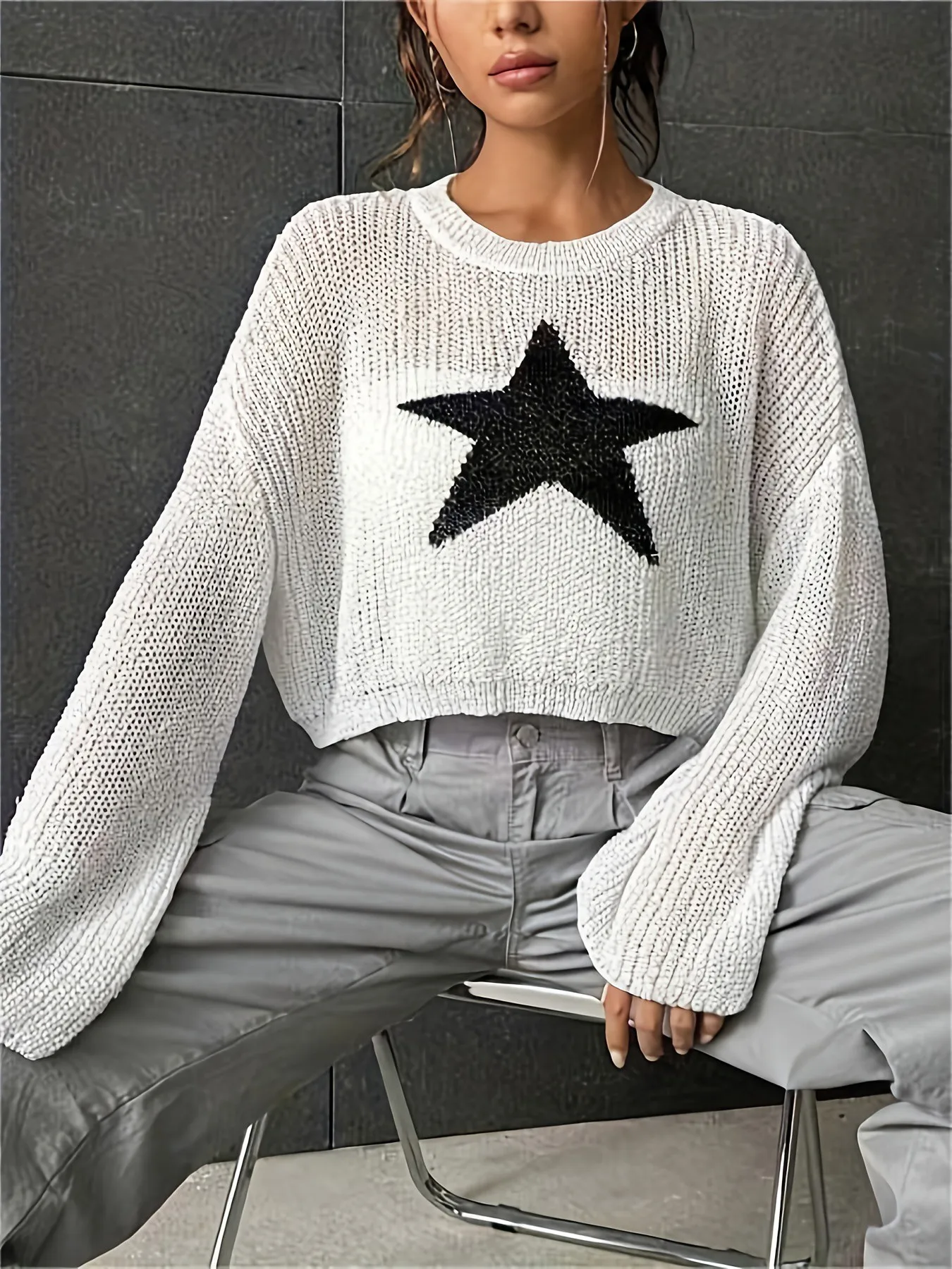 

Y2K Vintage Star Pattern Crew Neck Pullover Sweater, Casual Drop Shoulder Crop Sweater For Spring & Summer, Women's Clothing