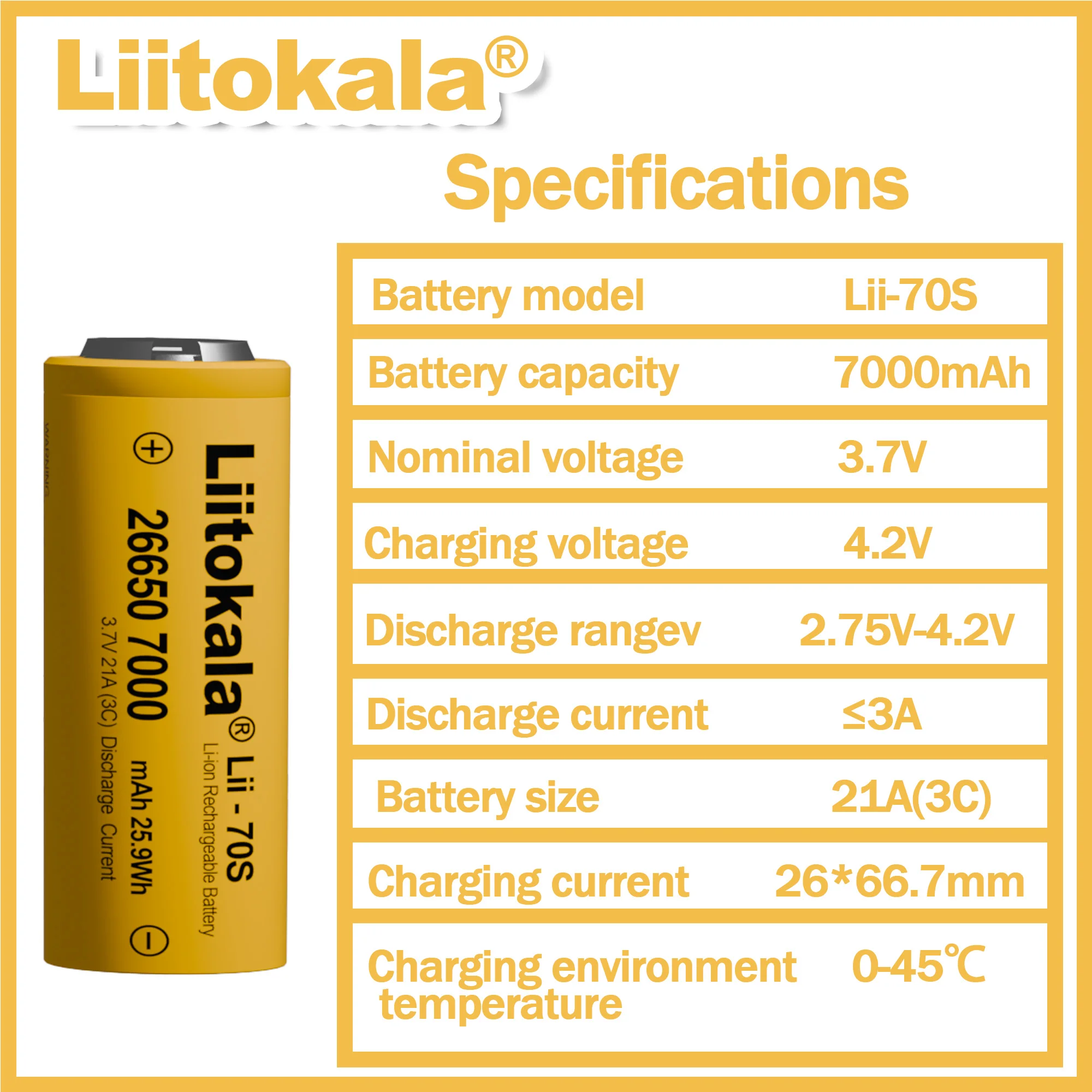 LiitoKala LII-70S-JT 26650 3.7V 7000mA 35A power Rechargeable lithium battery 26650 Suitable for Flashlight batteries