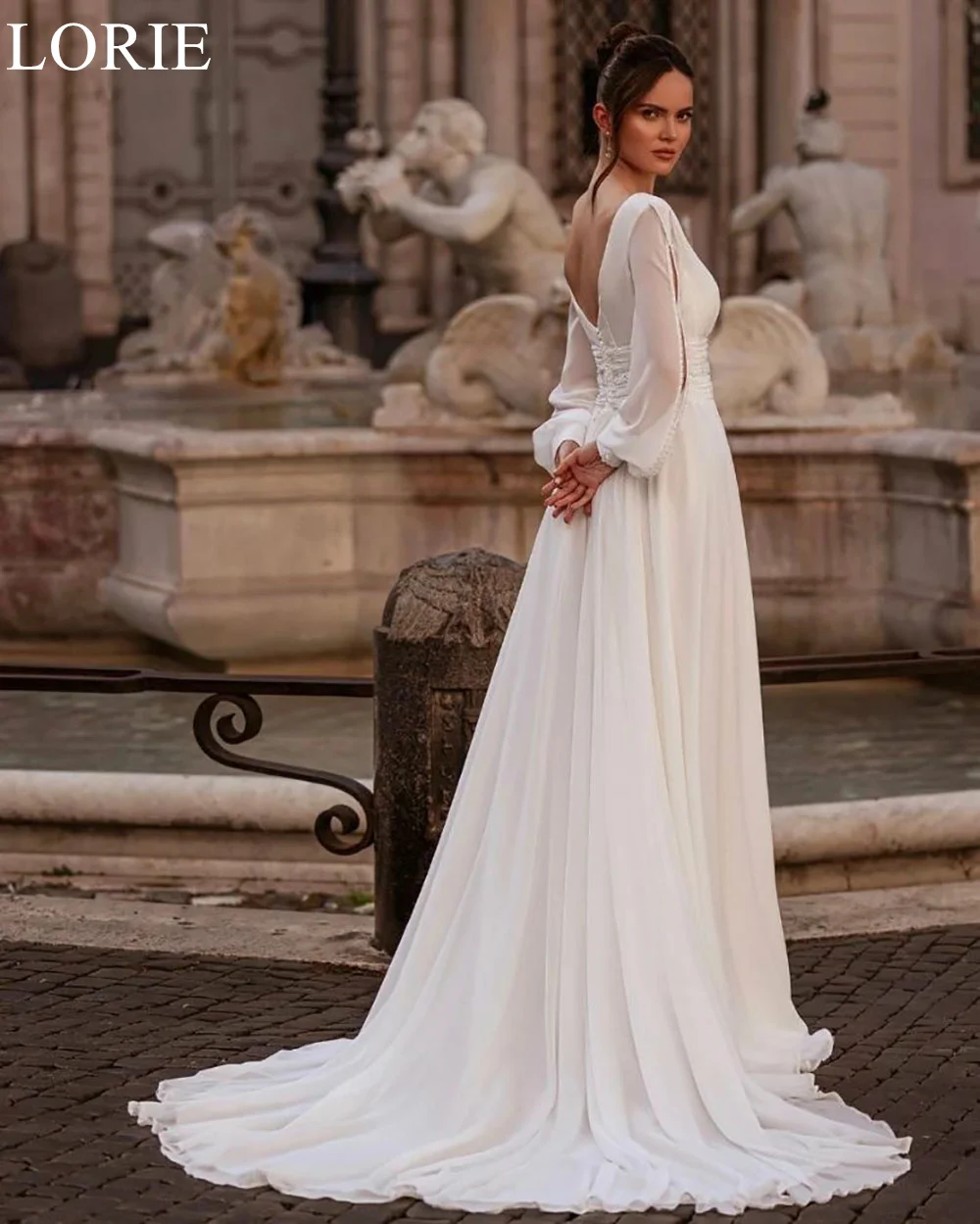 LORIE A-Line Elegant Chiffon Wedding Dresses Beach Side Slit Backless V-Neck Long Sleeves 2024 Church Bridal Gowns Customized