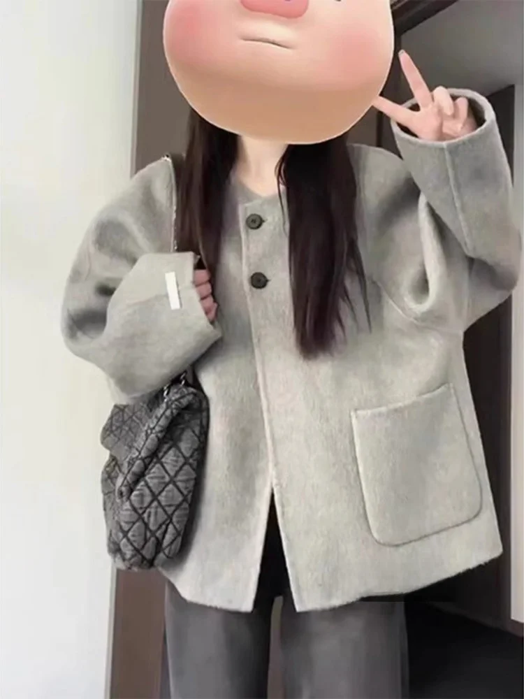 

Шерстяное пальто Hebe Sleey свободного кроя для женщин, весенняя мода, ранний сезон, маленький размер, на пуговицах, с круглым вырезом