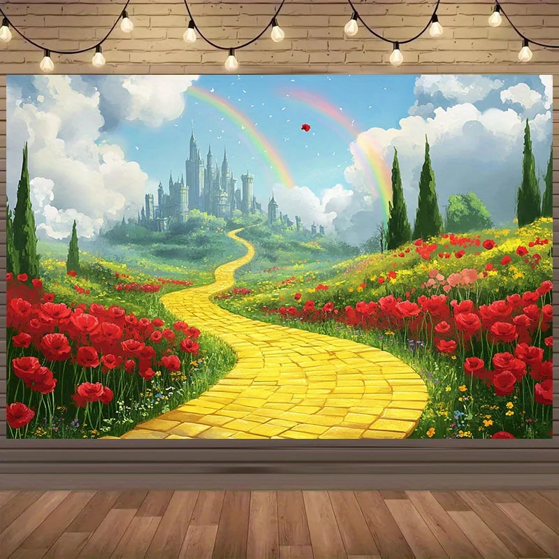 1 morceau de tissu de fond de conte de fées de château magique - coquelicots rouges, chemins de galets jaunes et scènes de château arc-en-ciel