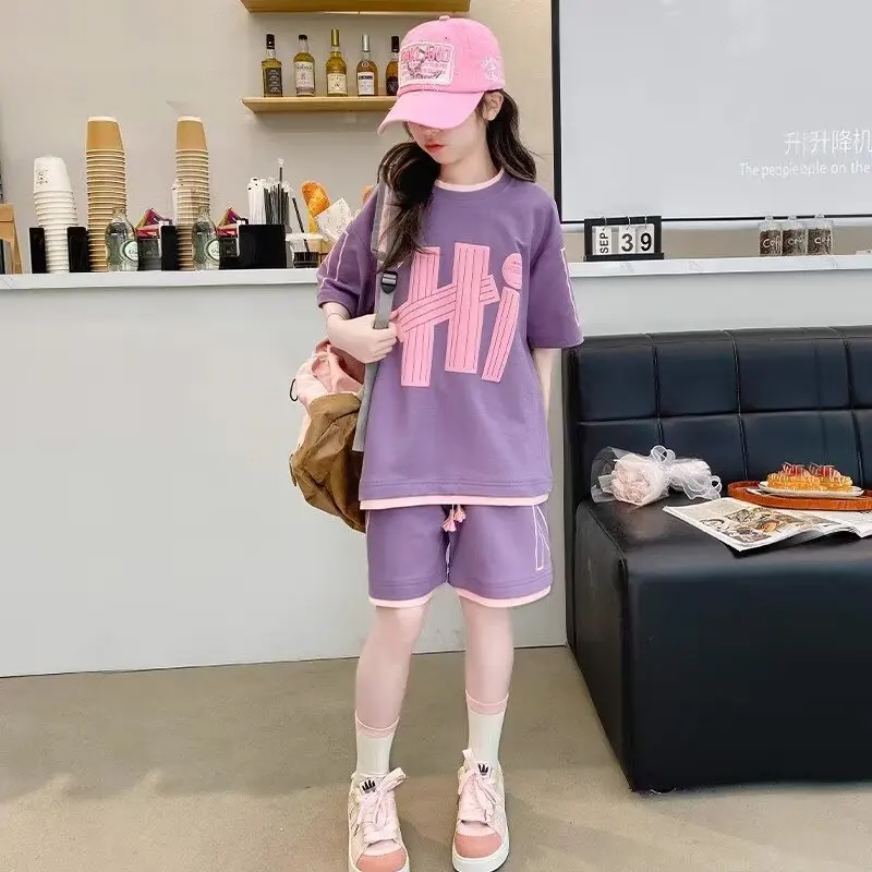 New Summer GirlsCotton Suit Korean High Street Fashion Kids Cool T-shirts Shorts 2 Piece Set High Quality Children's Set 2024