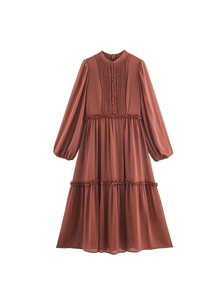 New European-style women's dress, fashionable and versatile, featuring an elegant design with ruffled details and long sleeves.
