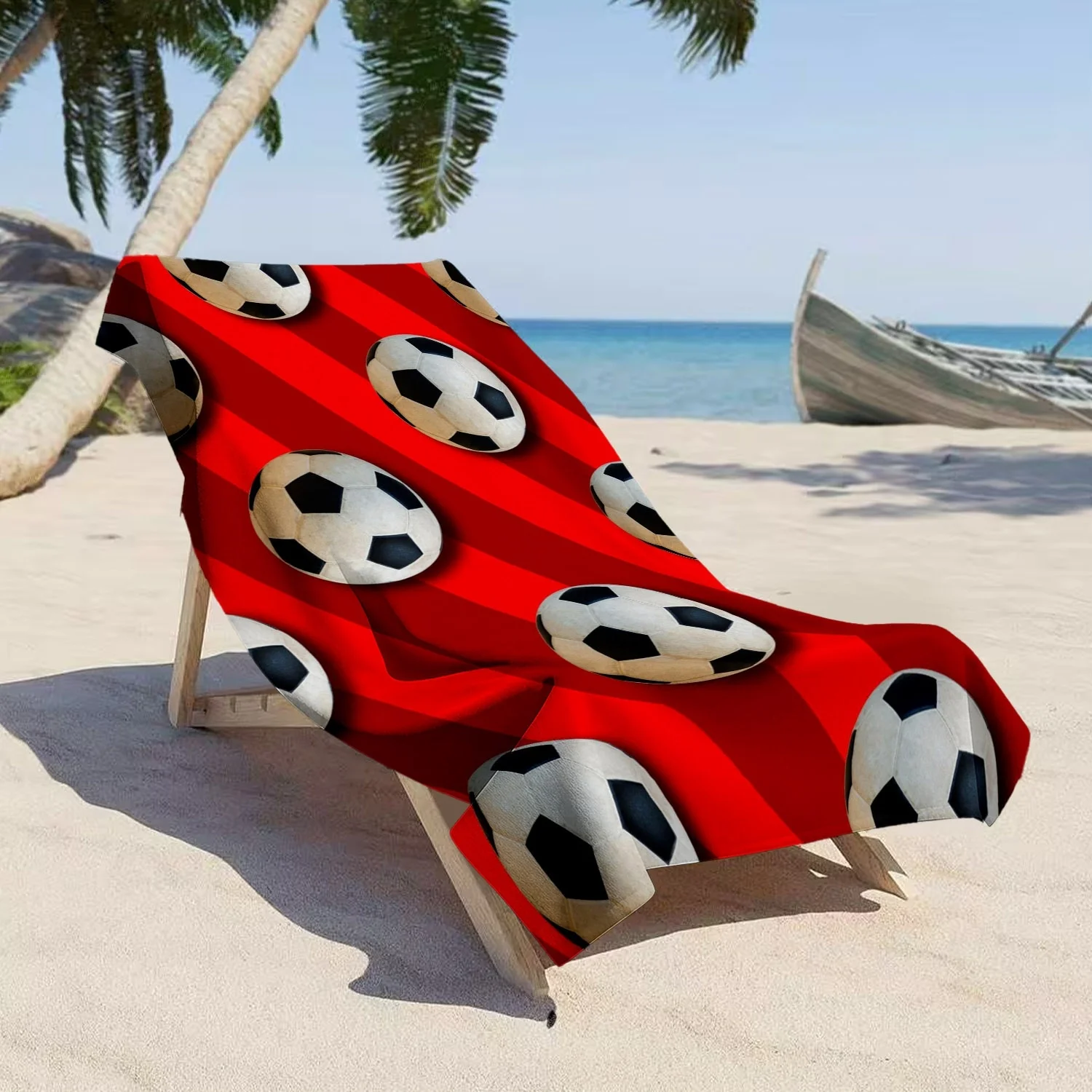 Vibrant Soccer Beach Towel, Red Stripe Background with Soccer Ball Pattern Bath Towel, Energetic Sports Themed Beach Blanket