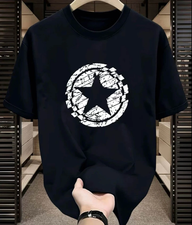 2026 Men Crew Neck Short Sleeve Distressed Circular Five-pointed Star Graphic Print Tee, Loose Retro Streetwear Summer Tops